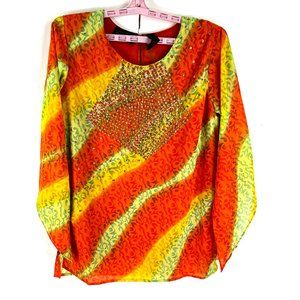 VTG As-Hro Sequin Flowing Color Blouse Womes Size S Orange Yellow Long Sleeve